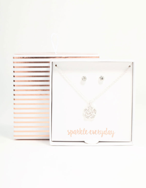 Silver Rose Diamante Necklace & Earrings Set