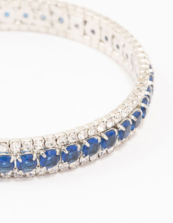 Silver & Blue Round Encased Cubic Zirconia Wrist Cuff