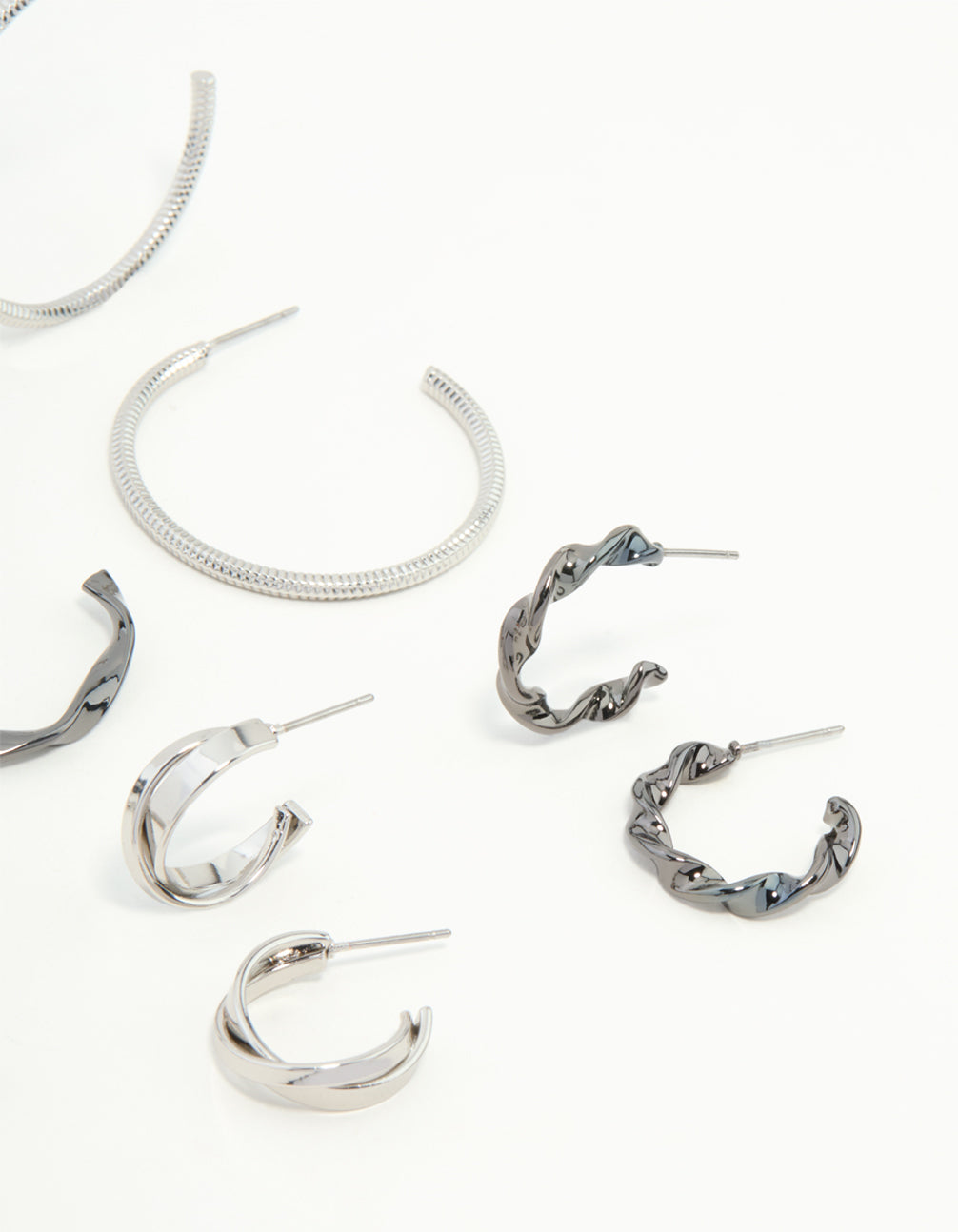 Mixed Shade Silver Twisted & Sleek Hoop Earrings 6-Pack