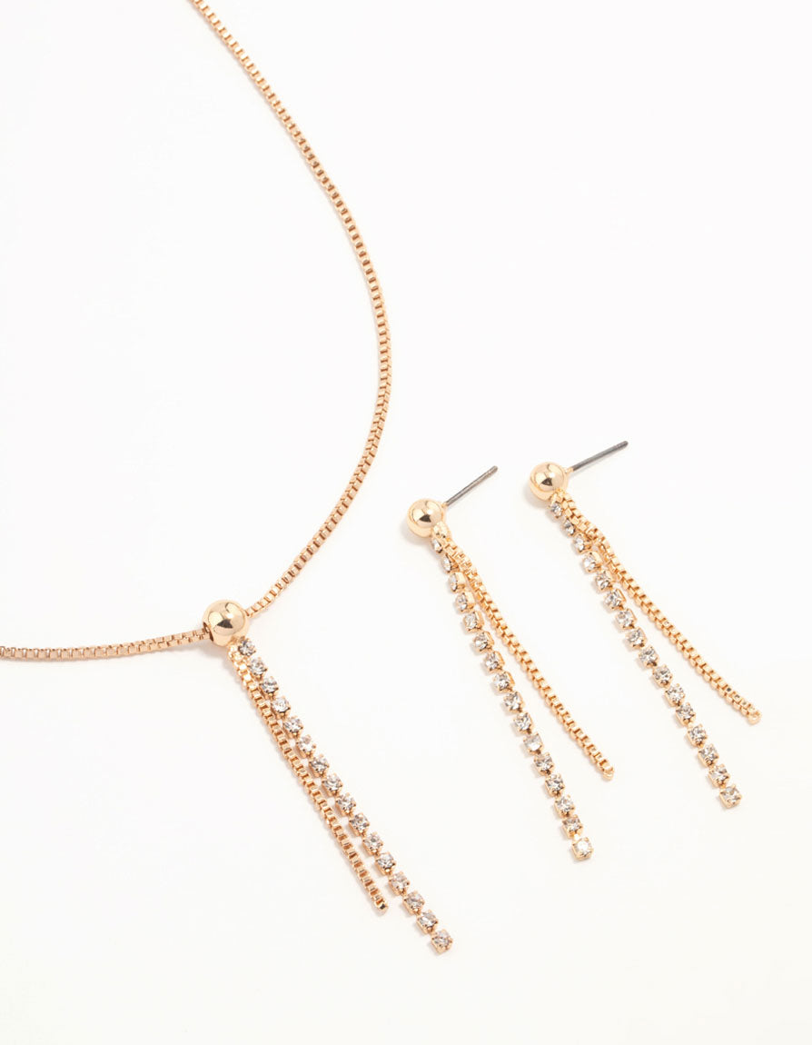 Gold Diamante Cupchain Necklace & Earrings Set