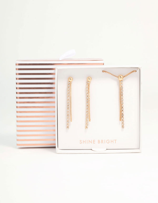 Gold Diamante Cupchain Necklace & Earrings Set