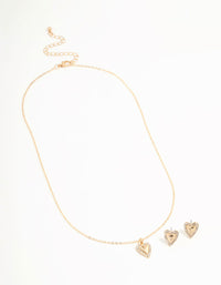 Gold Diamante Heart Edge Necklace & Stud Earrings - link has visual effect only