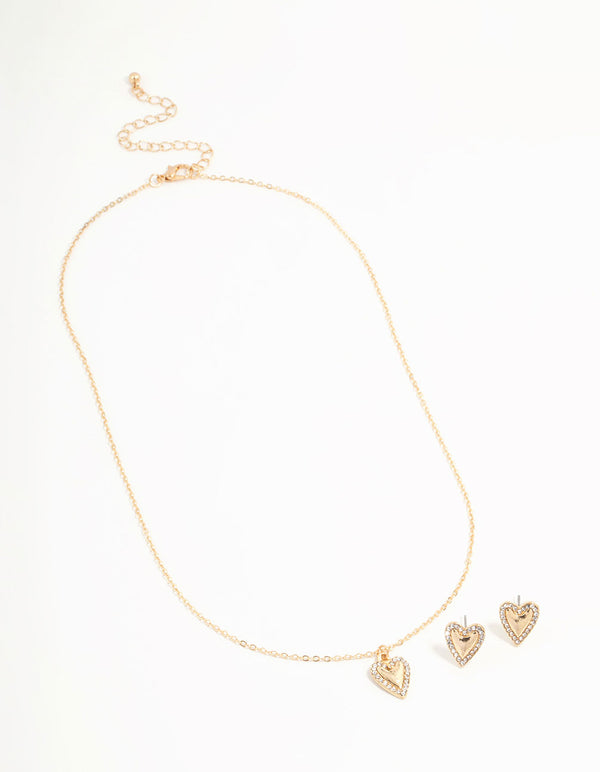 Gold Diamante Heart Edge Necklace & Stud Earrings