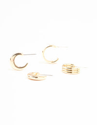 Gold Ribbed & Plain Hoop Earrings 2-Pack - link has visual effect only