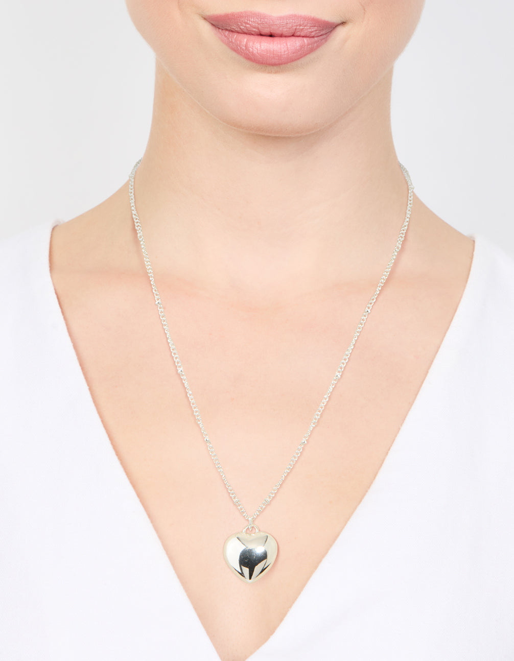Silver Puffy Heart Ball Chain Necklace
