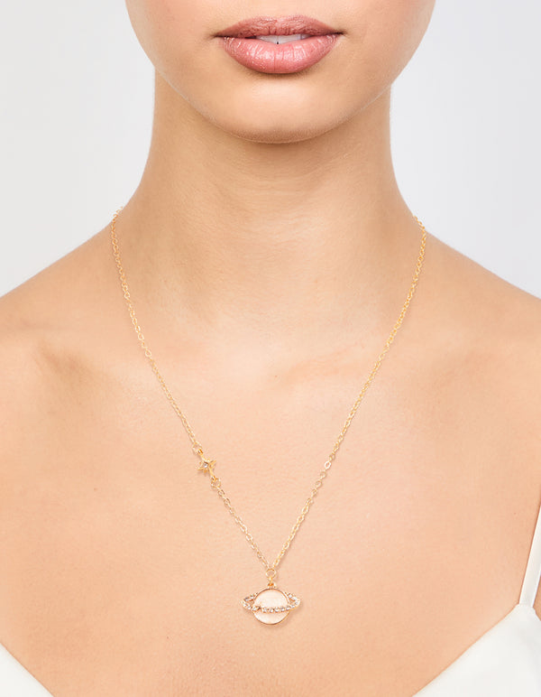 Gold Enamel Planet Drop Necklace