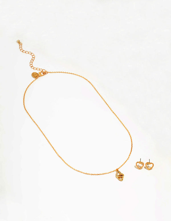 Gold Link Heart Diamante Necklace & Earrings Set