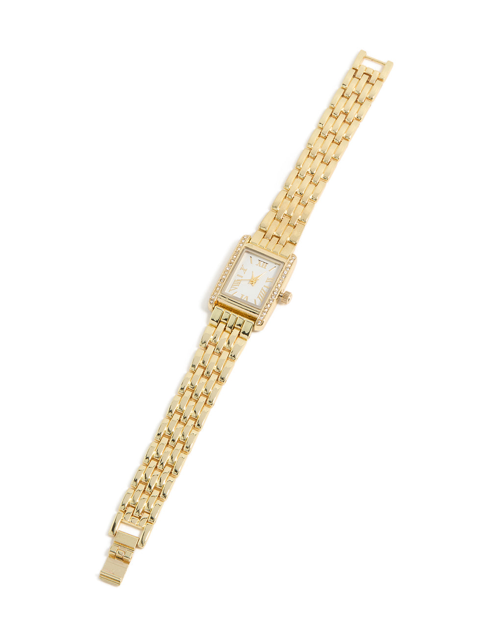 Presenting a gold and diamante Roman numeral watch featuring a white dial, rectangular shape, link band strap, analog type designed for women's formal occasions front view