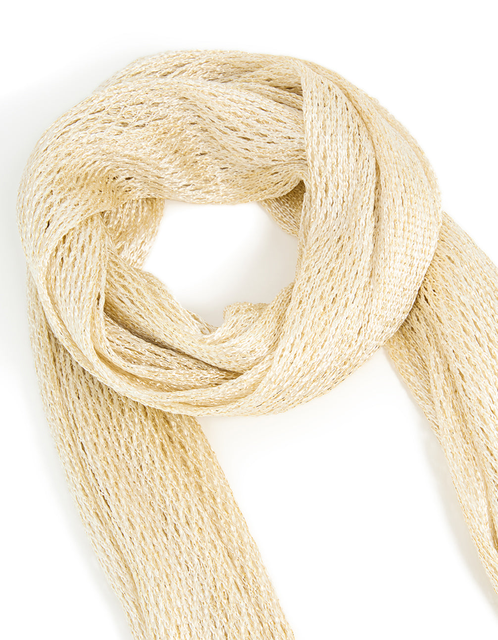Showcasing a cream draped fabric long scarf with tassel accents in solid wheat and beige hues side view