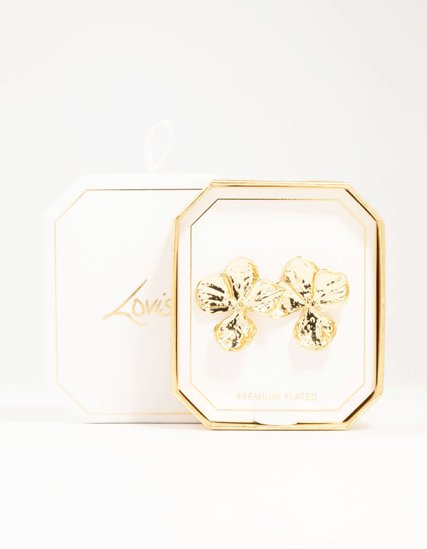 Gold Plated Textured Flower Stud Earrings