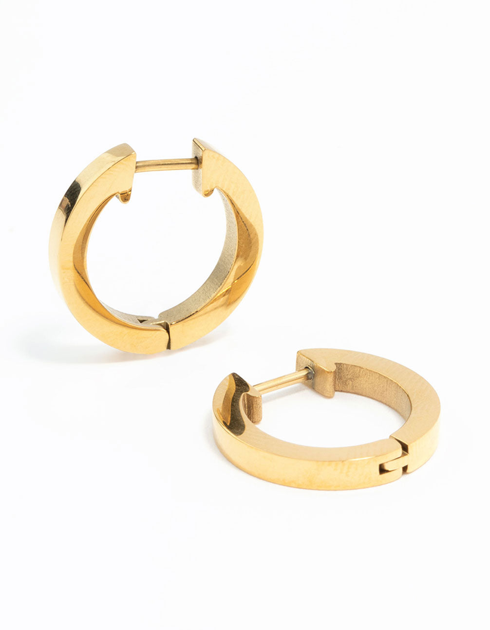 Showcasing waterproof gold plated stainless steel basic clicker hoop earrings front view