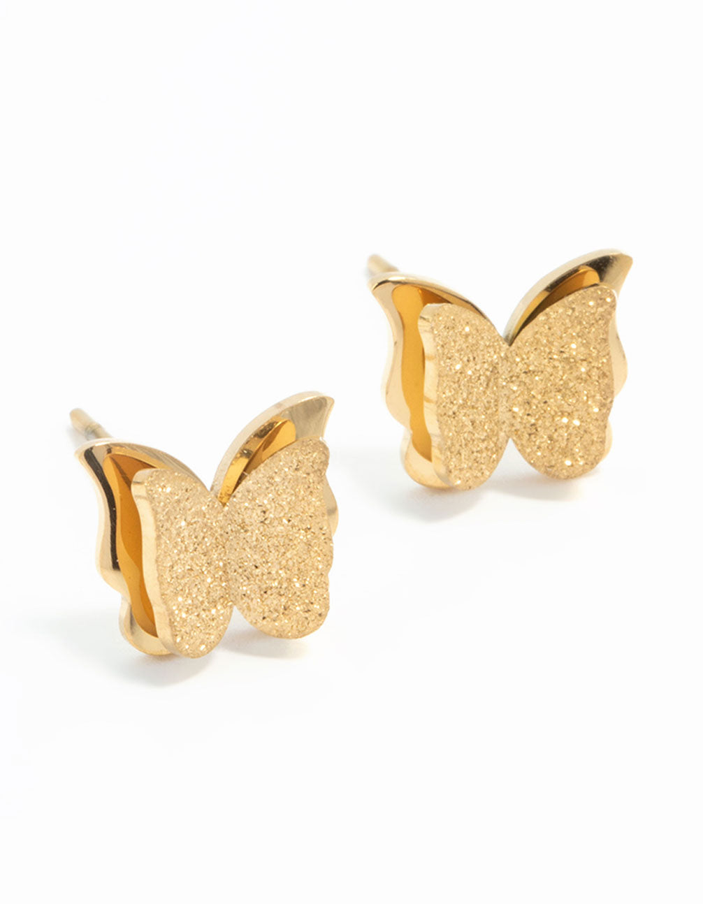 Showcasing butterfly stud earrings featuring glitter texture in waterproof gold plated stainless steel front view