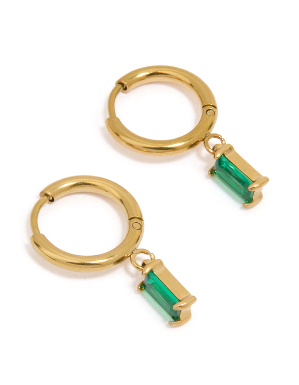 Waterproof Gold Plated Stainless Steel Green Baguette Huggie Earrings