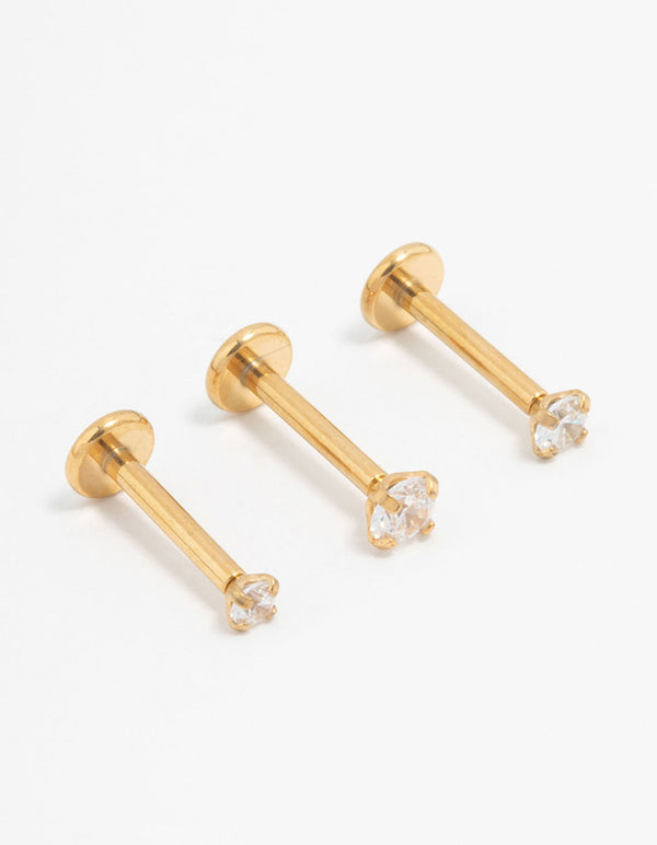 Gold Plated Surgical Steel Classic Cubic Zirconia Flat Backs 3-Pack
