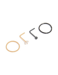Mixed Metal Plated Surgical Steel Diamante Twist Nose Rings & Studs 4-Pack - link has visual effect only