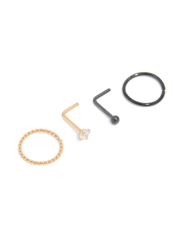 Mixed Metal Plated Surgical Steel Diamante Twist Nose Rings & Studs 4-Pack