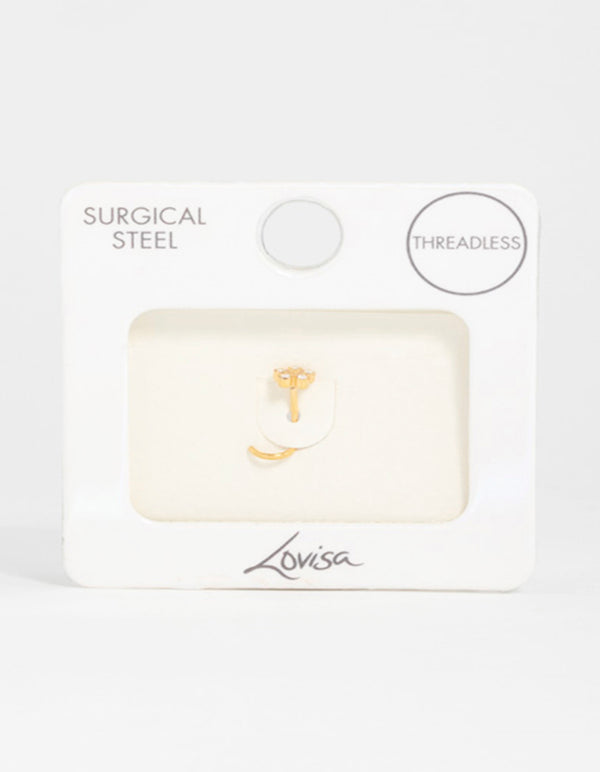 Gold Plated Surgical Steel Cubic Zirconia Flower Threadless Nose Stud