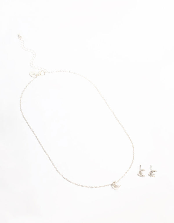 Silver Diamante Moon Necklace & Earrings Set