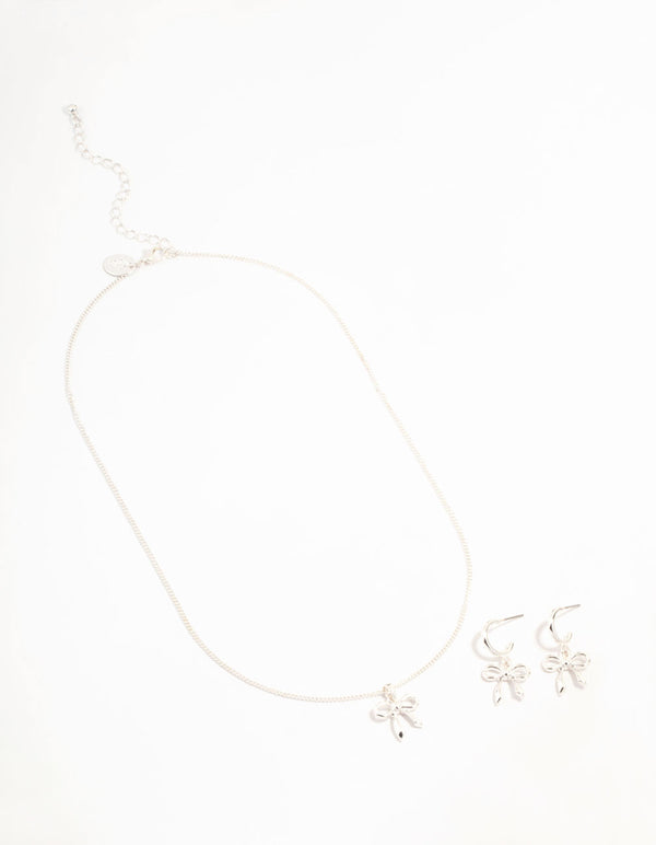 Silver Lovely Bow Necklace & Earrings Set