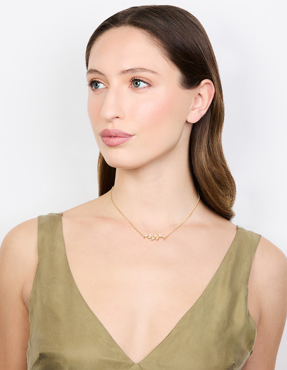 Waterproof Gold Plated Stainless Steel Cubic Zirconia Leaf Pendant Necklace