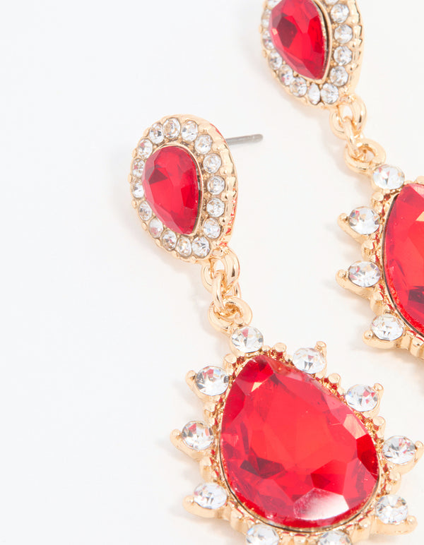 Red Diamante & Pearl Gold Drop Earrings