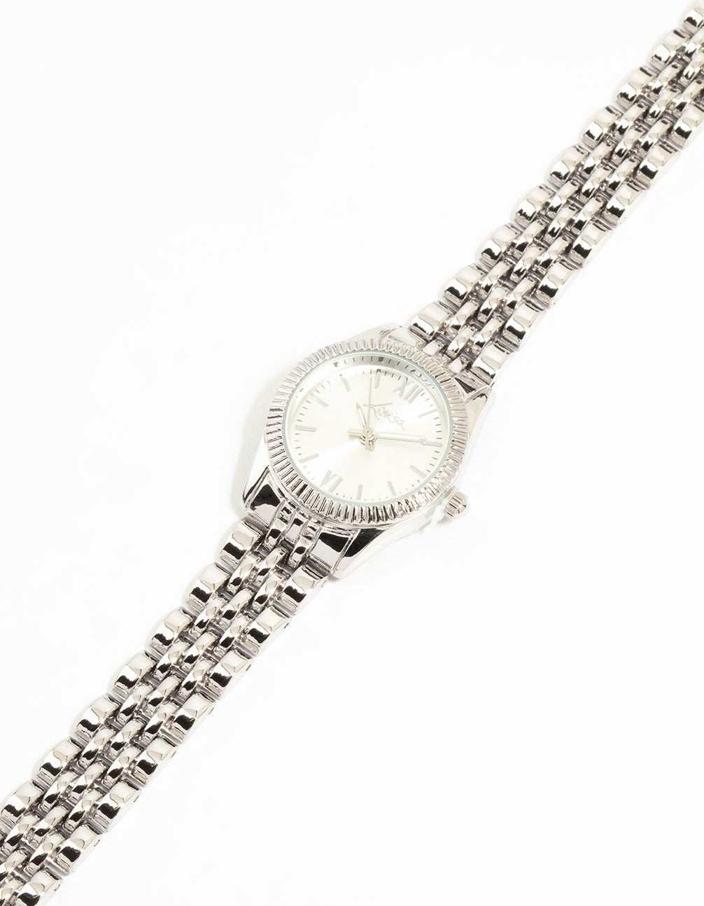 Discover this women's analog watch with numbers on a white dial with stone look, round shape, casual style, link band in silver watch face detail view