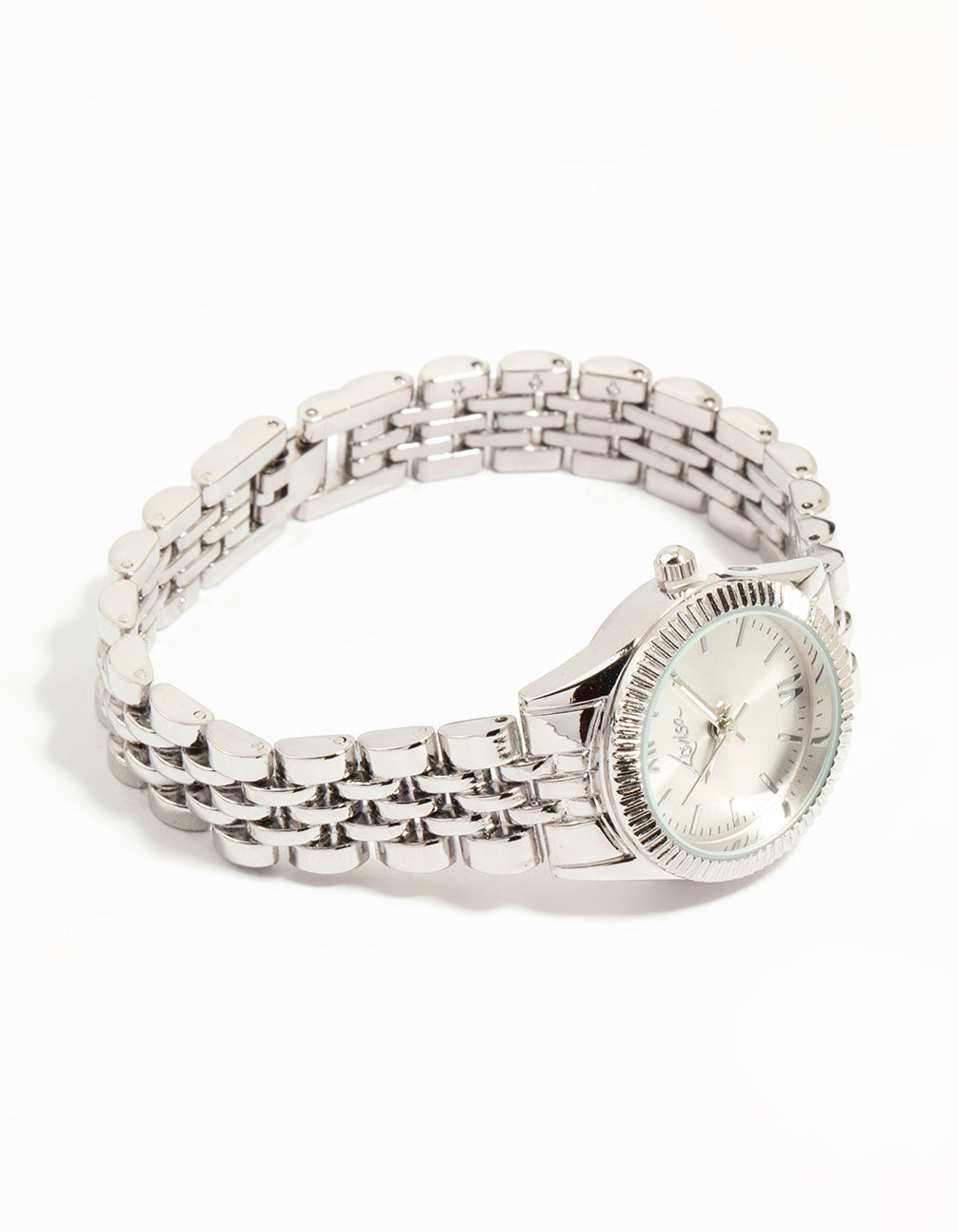 Elegant women's analog watch with numbers on a white dial with stone look, round shape, casual style, link band in silver front view