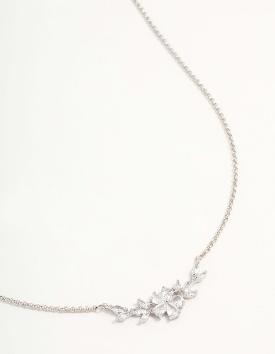 Silver Cubic Zirconia Flower & Vine Necklace