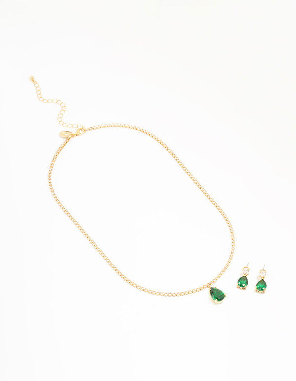 Gold Plated Emerald Diamante Tennis Necklace & Earrings Set