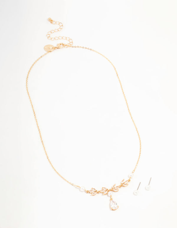 Gold Cubic Zirconia Pearl Necklace & Earrings Set