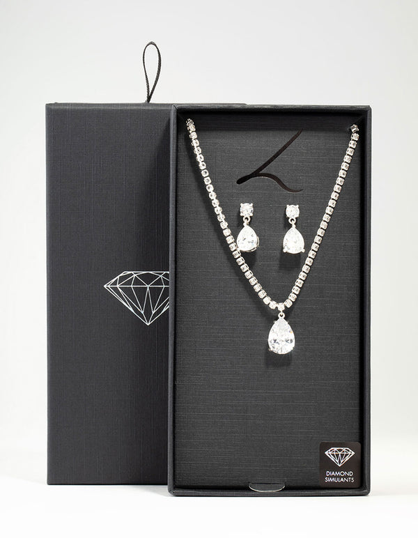 Silver  Cubic Zirconia Tennis Necklace & Earring Set