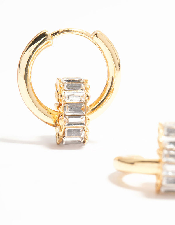 Gold Plated Baguette Cut Diamante Ring Huggie Earrings