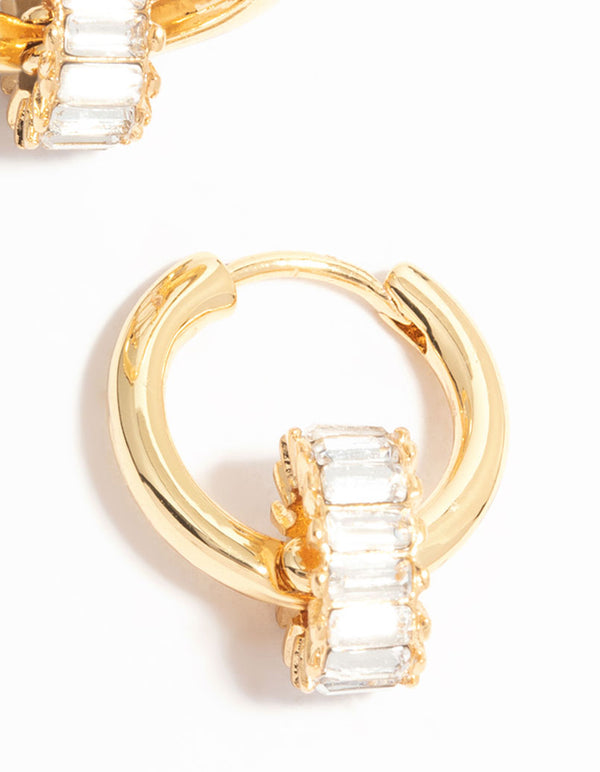 Gold Plated Baguette Cut Diamante Ring Huggie Earrings