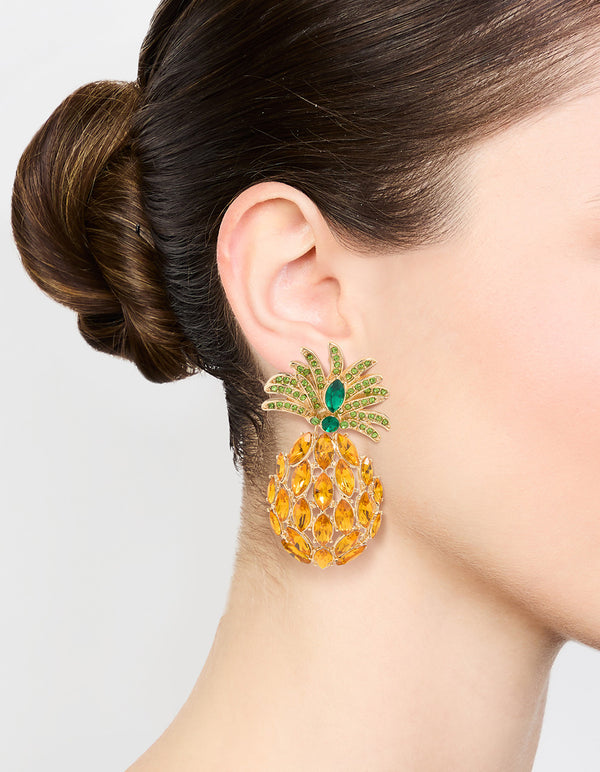 Gold Diamante Pineapple Drop Earrings