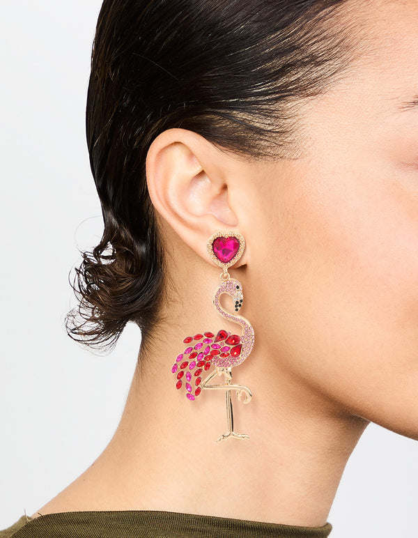 Gold Pink Diamante Flamingo Drop Earrings