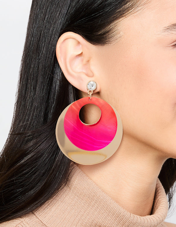 Gold Pink Diamante &  Circle Drop Earrings