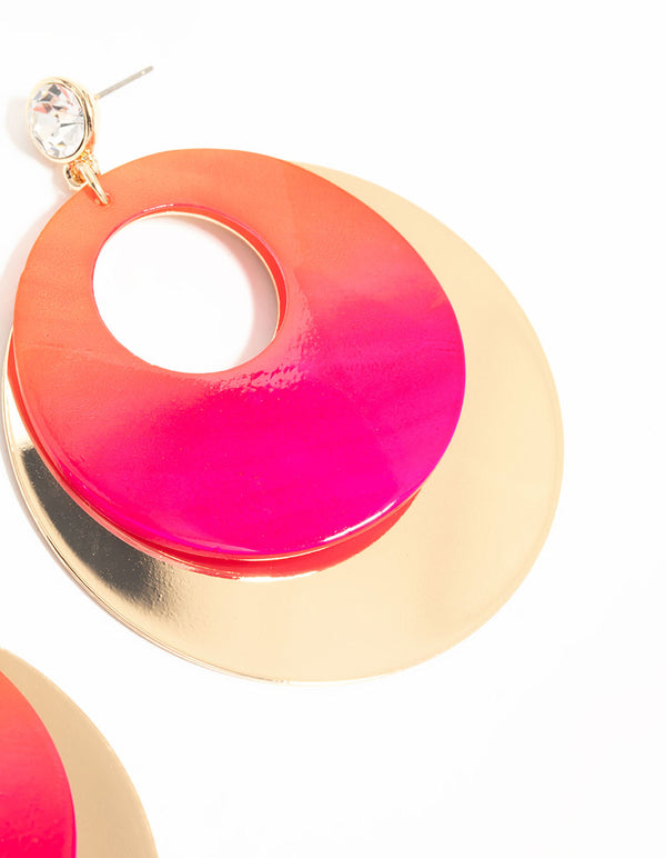 Gold Pink Diamante &  Circle Drop Earrings