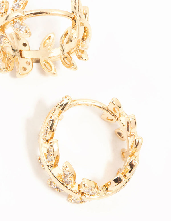 Gold Cubic Zirconia Leafy Huggie Earrings