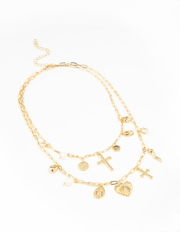 Gold Plated Freshwater Pearl, Cross & Heart Charm Necklace