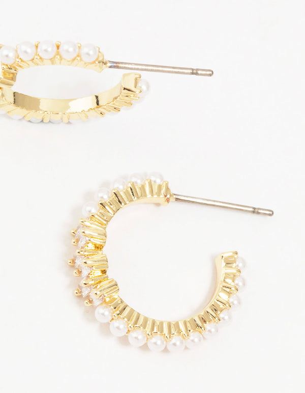 Gold Plated Pearl & Cubic Zirconia Hoop Earrings