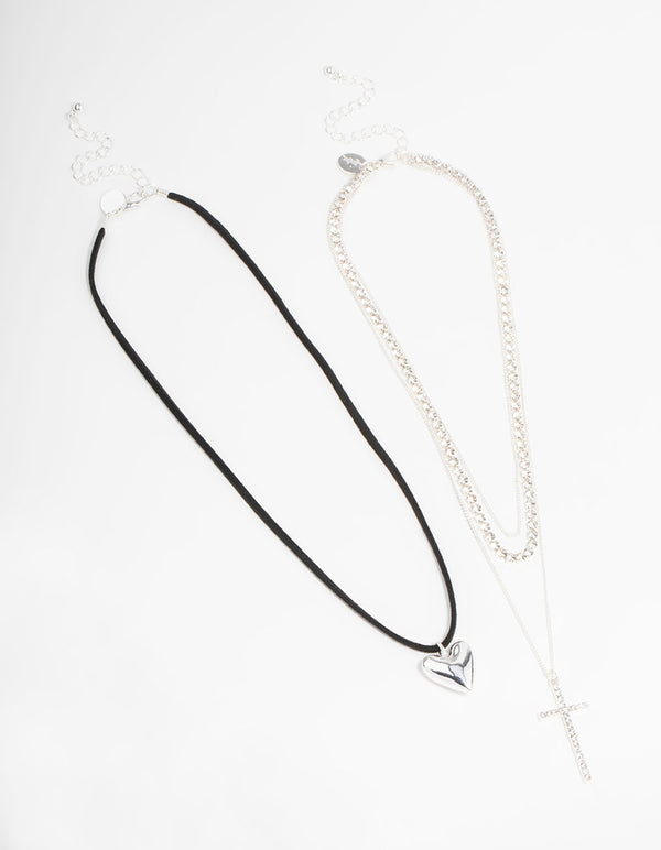 Silver Layered & Cord Pendant Necklaces 2-Pack