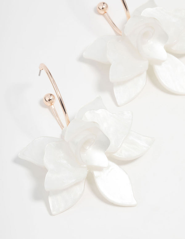 Rose Gold White Marble Flower Hoop Earrings