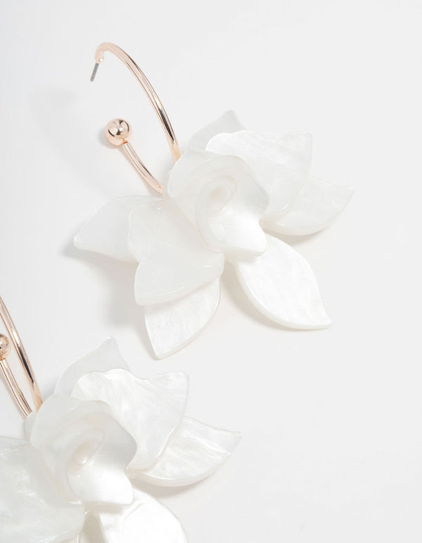 Rose Gold White Marble Flower Hoop Earrings