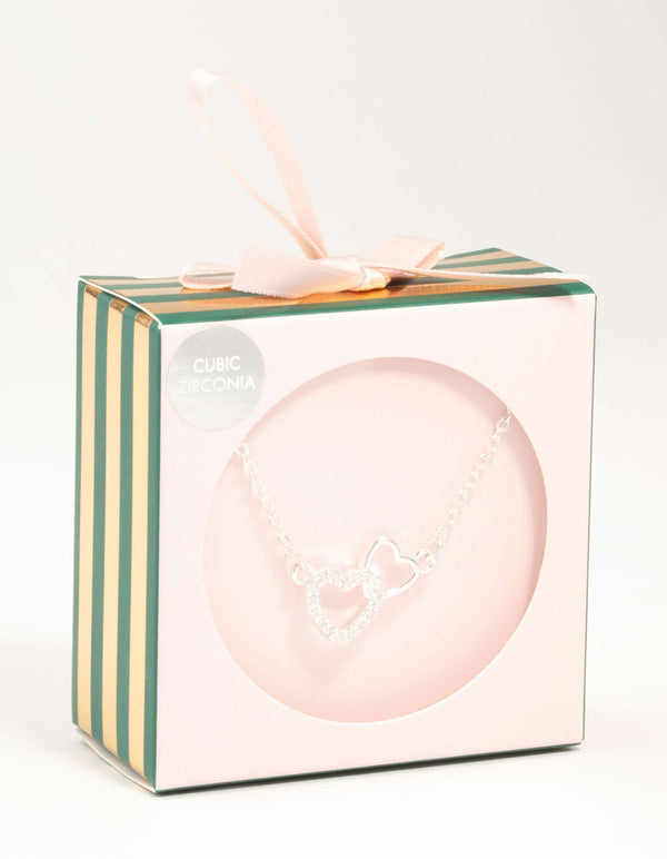 Silver Cubic Zirconia Open Double Heart Necklace