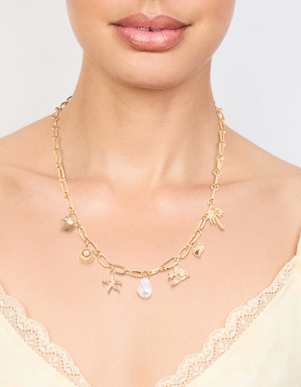 Gold Pearl & Seashell Charm Necklace