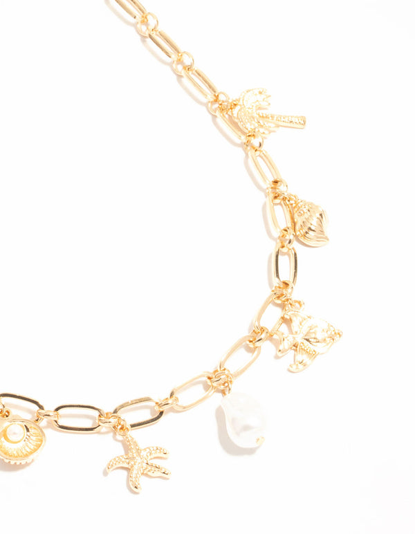 Gold Pearl & Seashell Charm Necklace