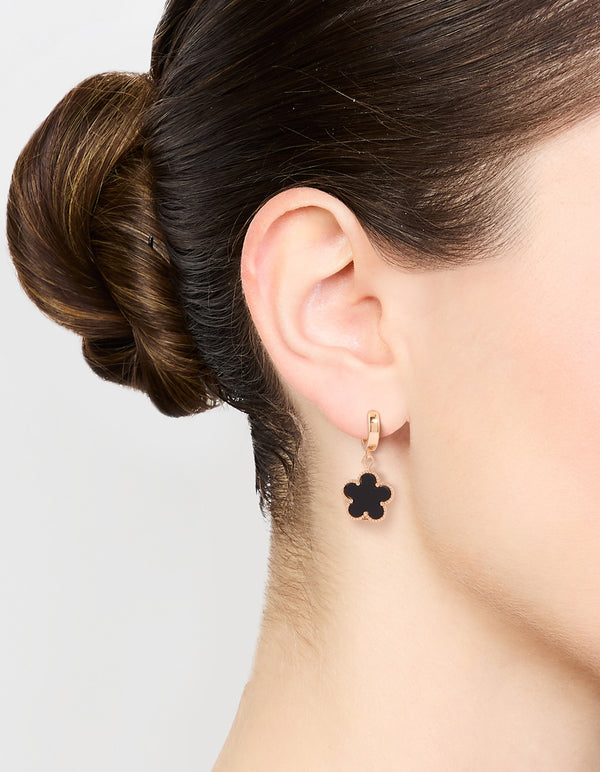 Gold Black Flower Drop Huggie Earrings