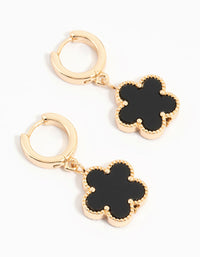 Gold Black Flower Drop Huggie Earrings - link has visual effect only