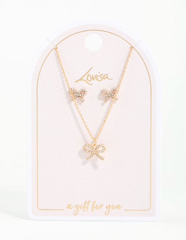 Gold Bow Diamante Necklace & Earrings Set
