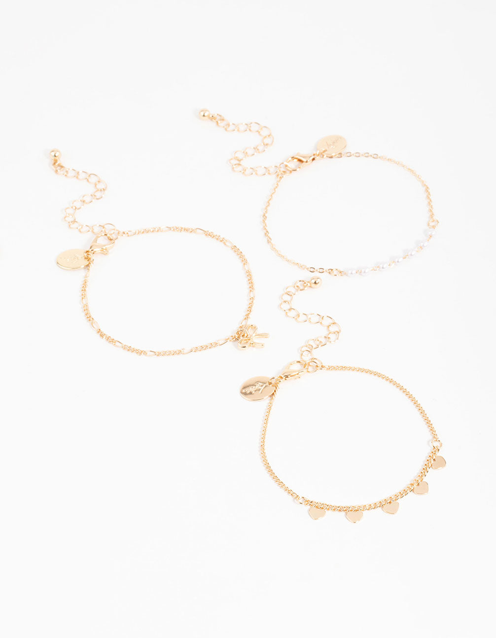 Gold Diamante Pearl Bow & Heart Bracelets 3-Pack